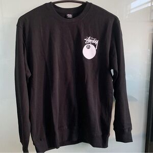 Stussy Black Crewneck Sweatshirt with White 8-Ball Chest Graphic